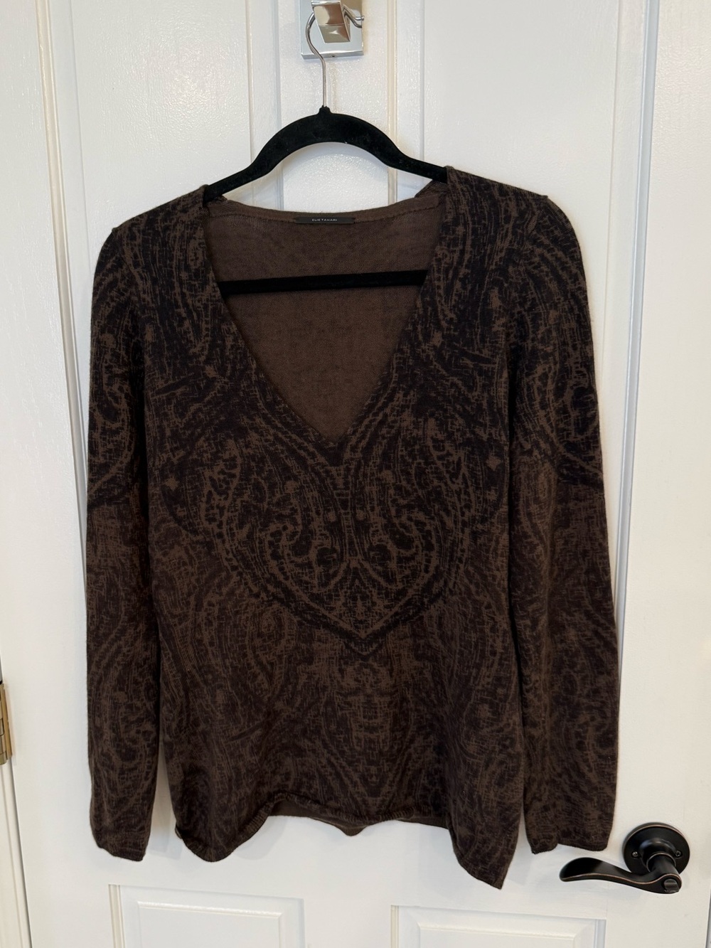 Elie Tahari Cashmere Brown Paisley V-Neck Sweater